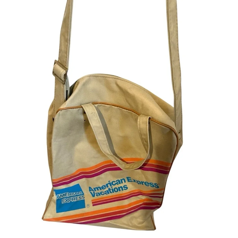 Vintage American Express Travel Agent Carry On Luggage Airline Bag 70's Tan